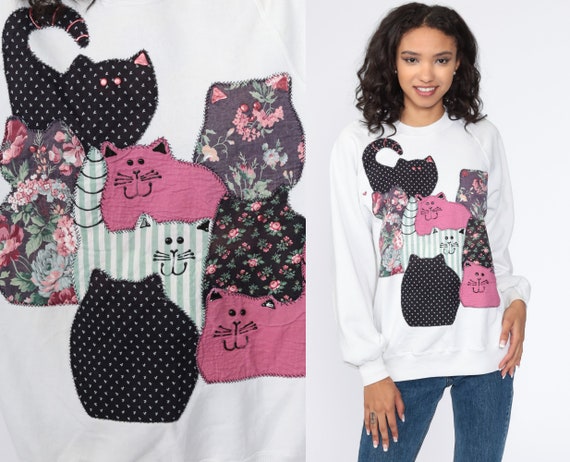 Cat Sweatshirt Patchwork Kitten Sweater 80s Animal