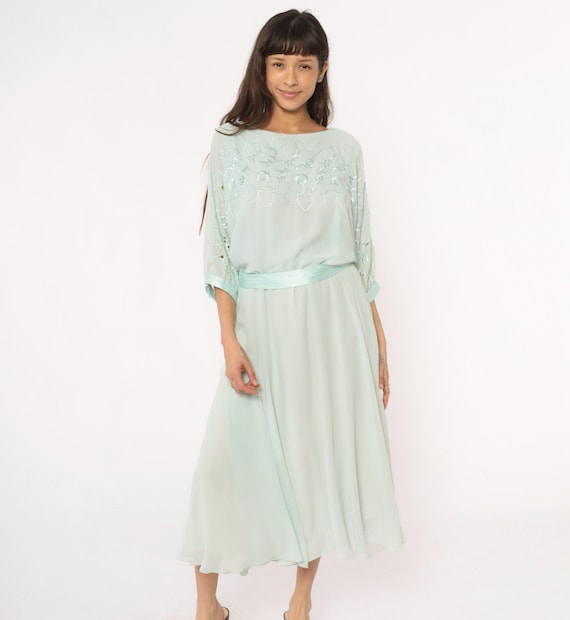 80s Mint Green Dress Embroidered Floral Lace Cutwork Sheer Belted Waist Cottagecore Fairycore Romantic Spring Easter Wedding Guest Large L