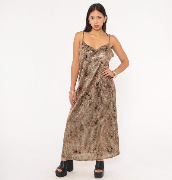 Metallic Shimmer Maxi Dress 90s Spaghetti Strap Slip Gown Sparkle Gold Tan Burgundy Floral Evening Party Disco Column Vintage Womens Large L