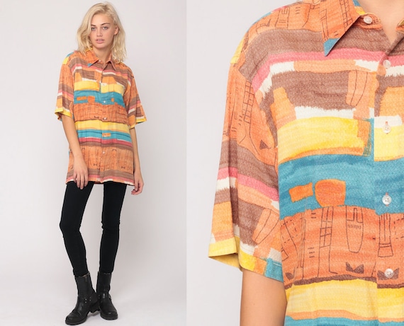 Beach Shirt Striped Tropical Shirt Hawaiian Shirt 90s Surfer Shirt Orange Resort Button Up Shirt 1990s Surf Top Short Sleeve Medium Large