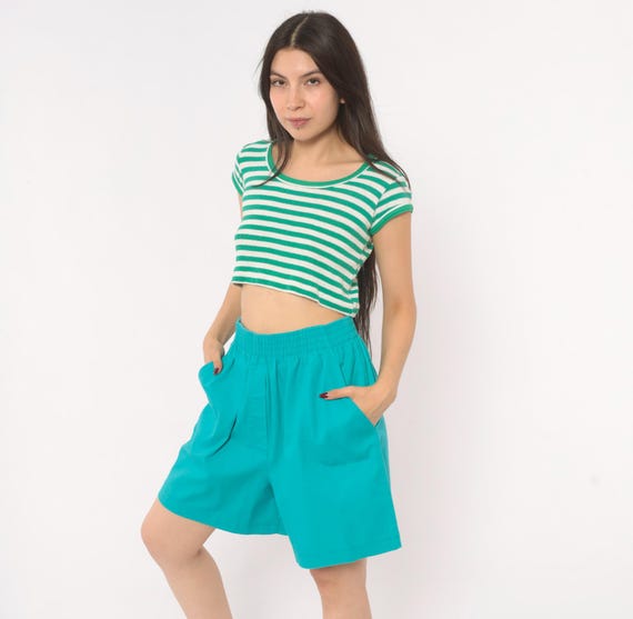 90s Teal Shorts Elastic Waist Cotton High Rise Turquoise Wide Leg Casual Summer Beach Pull On Bermuda Pockets Women Vintage Medium Large M L