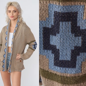 Southwestern Sweater 70s Open Front Knit Cardigan Retro Hippie Taupe Blue Geometric Diamond Boho Acrylic Southwest Vintage 1970s Large L image 1