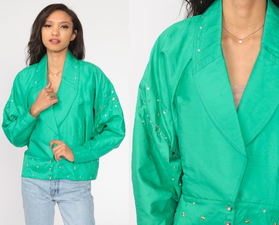 Green Silk Jacket Star Studded Rhinestone Windbre… - image 1