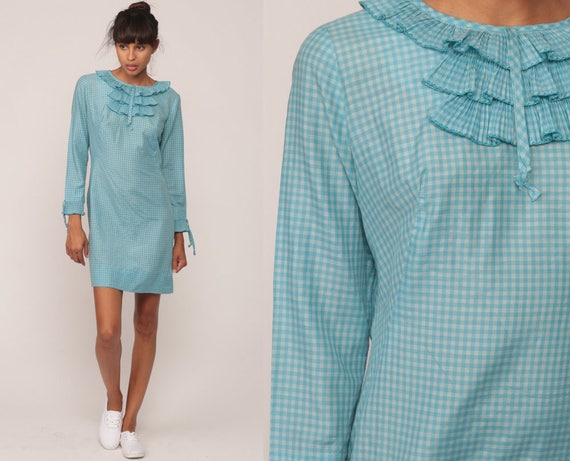 60s Mini Dress Mod Ruffle Twiggy Blue GINGHAM Print 1960s Shift Boho Tuxedo Vintage Party Lolita Minidress Long Sleeve Dolly Extra Small xs