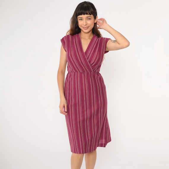 70s Wrap Midi Dress Purple Stripe V Neck Dress 1970s Boho High Waisted Retro Vintage Cap Sleeve Bohemian Small