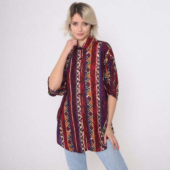 Geometric Button Up Shirt 90s Zig Zag Striped Shirt Red Purple Diamond Print Shirt Short Sleeve Vintage 1990s Rayon Large L