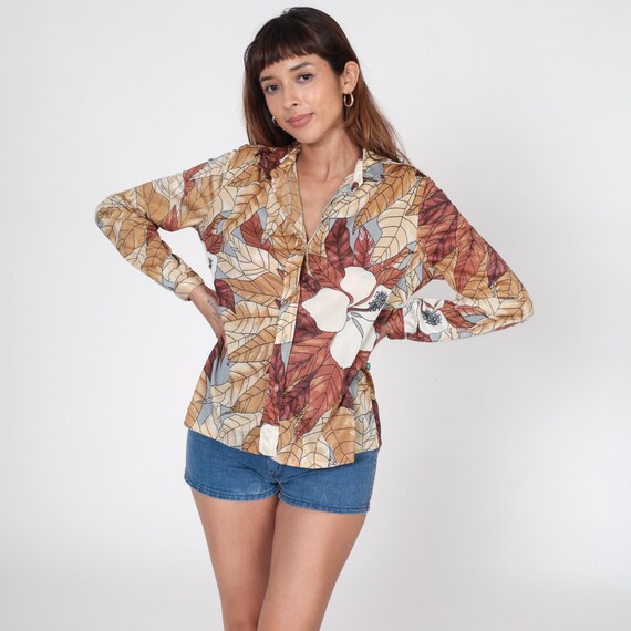 70s Floral Blouse Vera Neumann Boho Top Button Up Shirt Bohemian Long Sleeve Hibiscus Shirt 1970s Vintage Boho Hippie Tropical Brown Medium