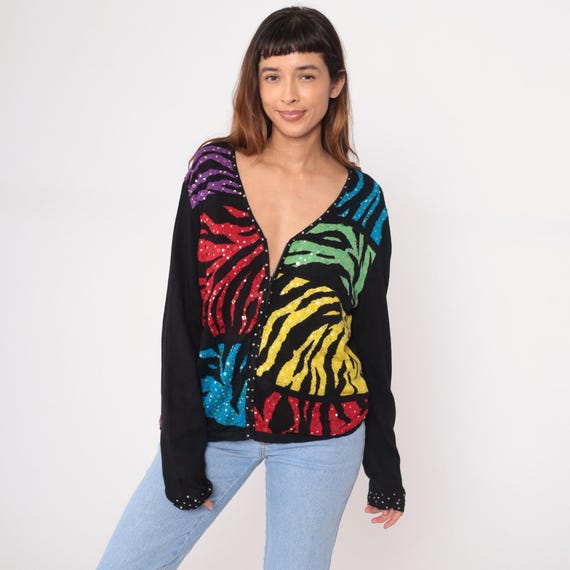 Y2K Sequin Cardigan Rainbow Animal Colorblock Print Black Zebra Stripe Multicolor V Neck Long Sleeve Party Club Glitter Vintage Large L