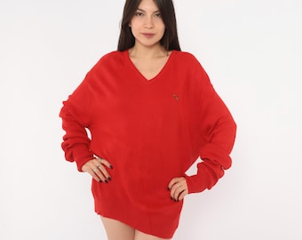 80s Red V Neck Sweater Steeplechase Embroidered Horse Knit Long Sleeve Cherry Crimson Preppy Collegiate Grandpa Slouchy Boxy Unisex Large L