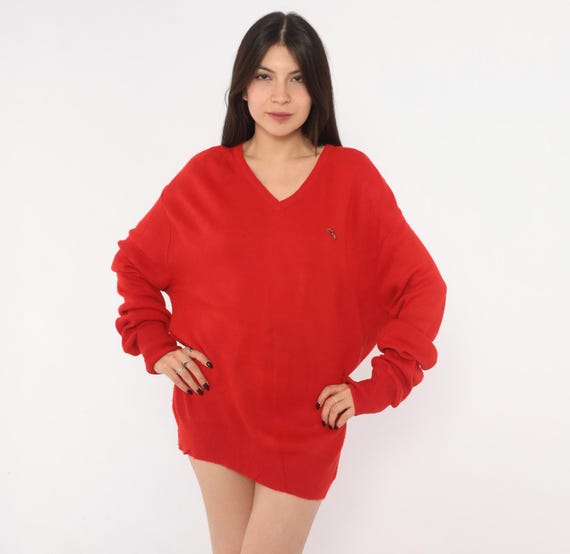 80s Red V Neck Sweater Steeplechase Embroidered Horse Knit Long Sleeve Cherry Crimson Preppy Collegiate Grandpa Slouchy Boxy Unisex Large L