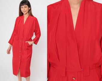 Red Button Up Dress Dolman Sleeve Midi Dress 90s Shirtdress Plain Vintage 1990s Long Sleeve V Neck Pleated High Waist Secretary Small 6