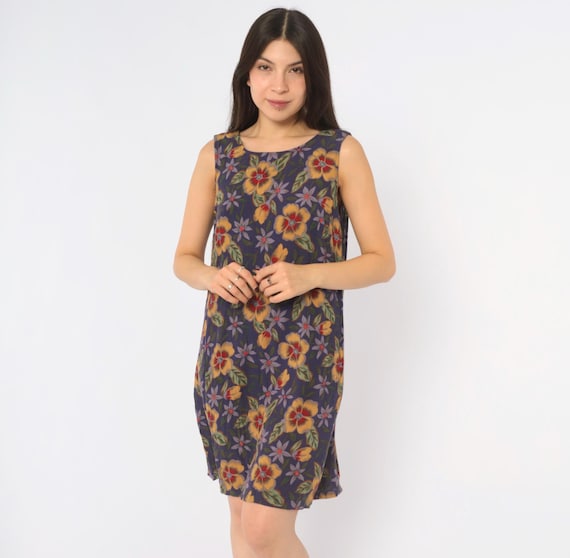 90s Floral Dress Purple Scoop Neck Shift A Line Yellow Red Flower Print Dark Cottagecore Grunge Garden Summer Sundress Vintage Medium M