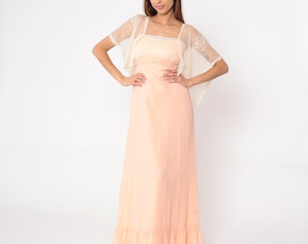 Peach Lace Dress 70s Flutter Sleeve Maxi Dress Empire Waist Tiered Flounce Pastel Prom Boho Romantic Gown Bohemian Vintage 1970s Small 4
