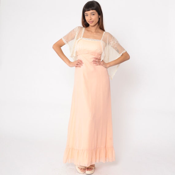 Peach Lace Dress 70s Flutter Sleeve Maxi Dress Empire Waist Tiered Flounce Pastel Prom Boho Romantic Gown Bohemian Vintage 1970s Small 4