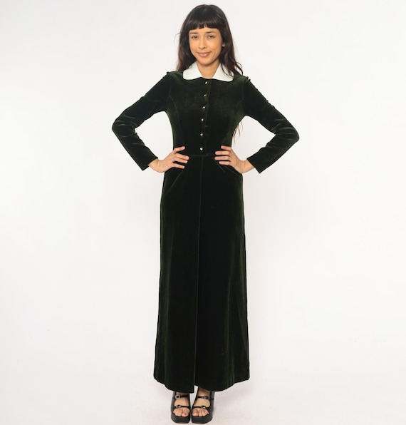 70s Green Velvet Dress White Collar Long Sleeve Dark Academia Emerald Forest Vintage Evening Gown Fitted Bodice Gothic Grunge Extra Small XS