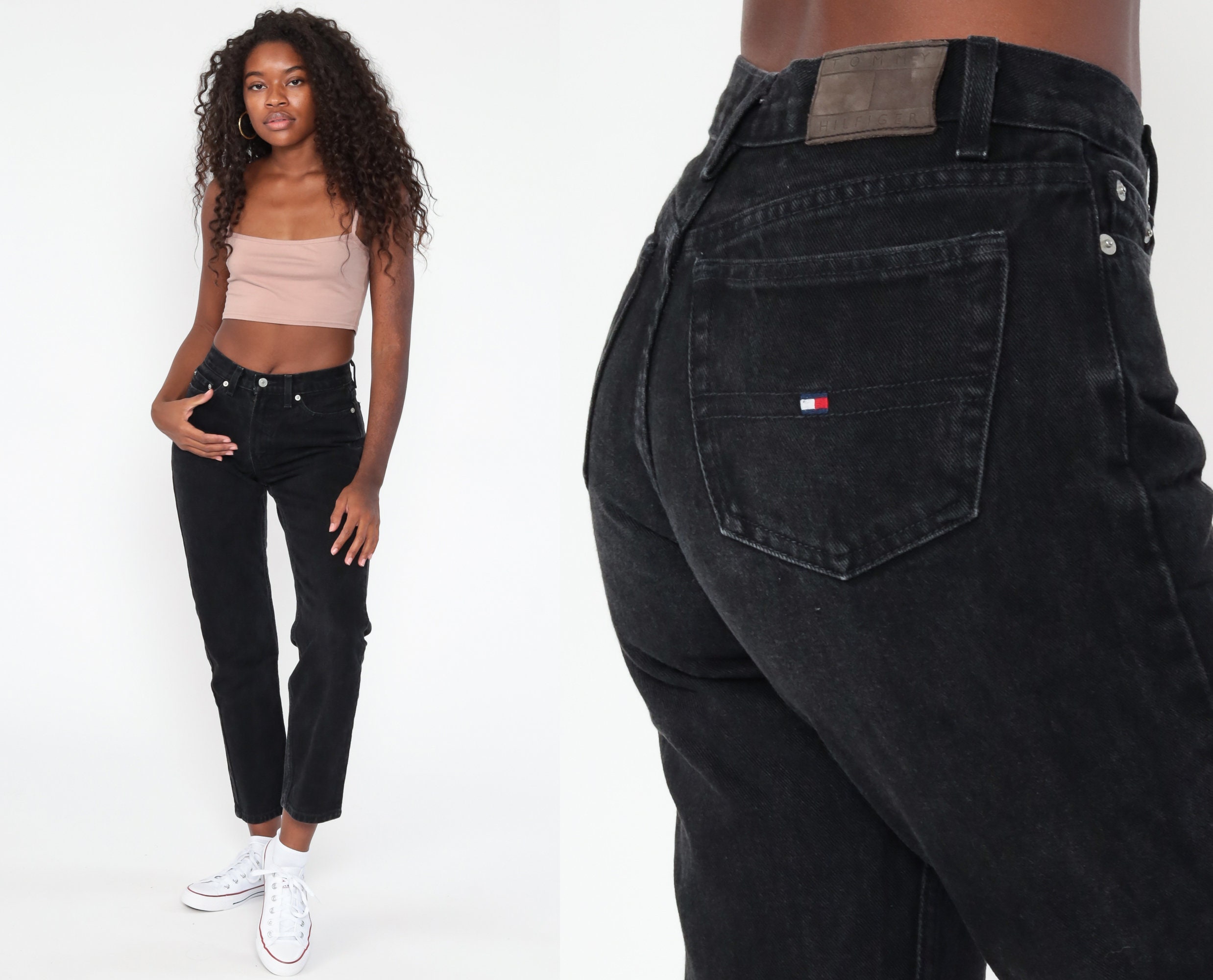 Black Tommy Jeans 90s Mom Jeans TOMMY HILFIGER Black Denim Pants 90s High Jeans Waist Tapered Vintage Extra xs 0