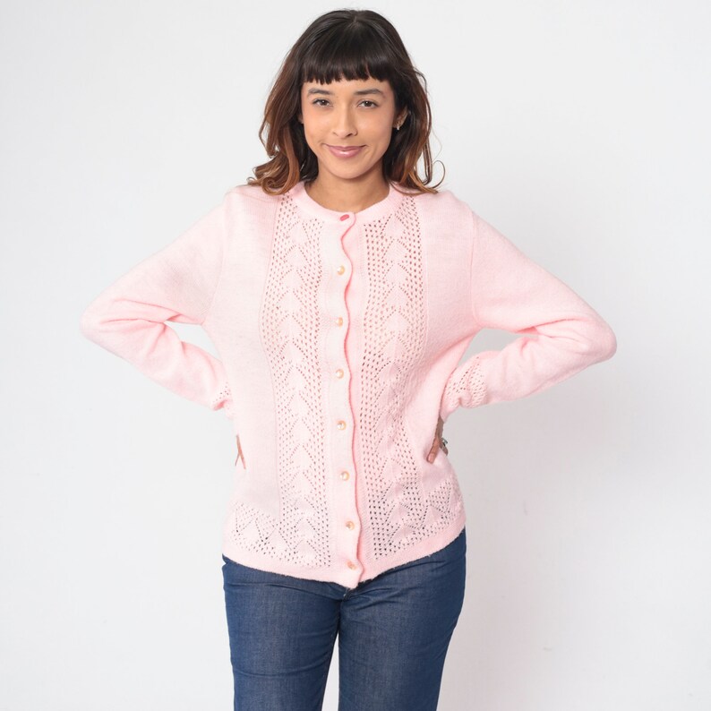70s Baby Pink Cardigan Pointelle Knit Button up Sweater Open Weave Cutout Boho Pastel Grandma Cut Out Spring Acrylic Vintage 1970s Small S image 2