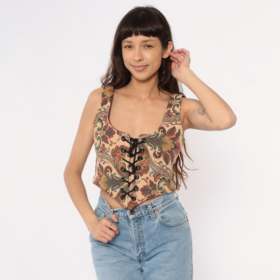 90s Tapestry Vest Lace Up Corset Crop Top Cotton Green Beige Tan Bustier Grunge Cottagecore Medieval Revival Renaissance Fair Vintage Small