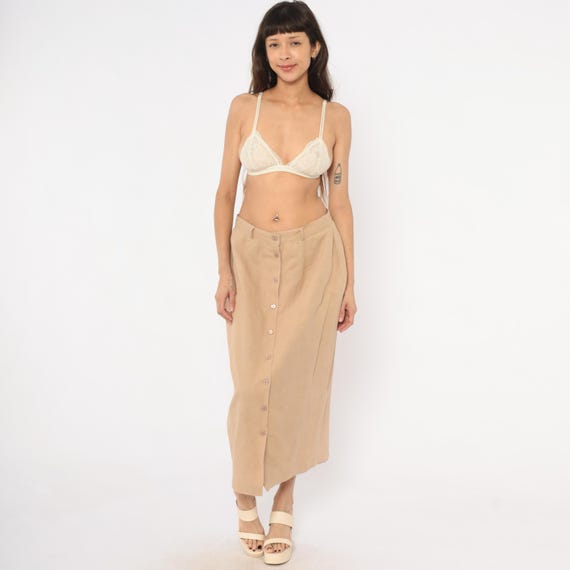 80s Button Front Midi Skirt Tan Linen Cotton Sand Beige Column Pencil Straight Khaki Minimal Camel Office Secretary Corpo Vintage Medium M