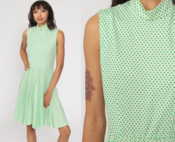 Green Polka Dot Dress 60s Pleated High Waisted Midi 70s Mod Dress Mock Neck 1970s Vintage Sleeveless Extra Small xs
