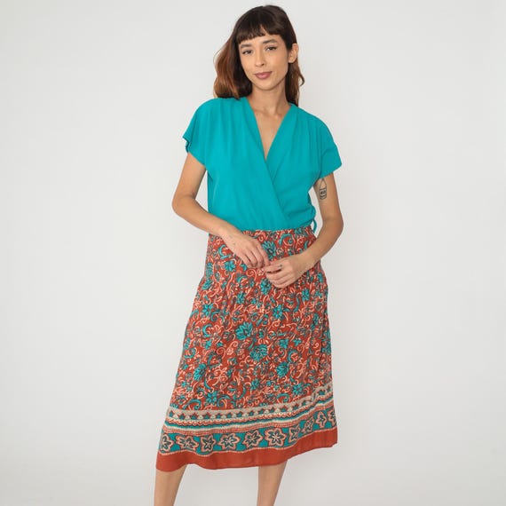 Turquoise Floral Dress 90s Teal Rust Orange Wrap Style Short Sleeve Cottagecore Prairie Summer Vintage Flowy Bohemian Hippie Medium M