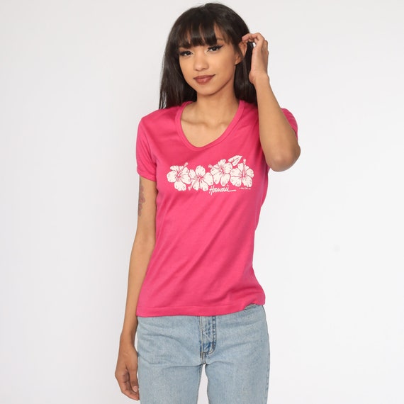 Hawaii Shirt 80s Pink Floral Tee Beach Tropical S… - image 3
