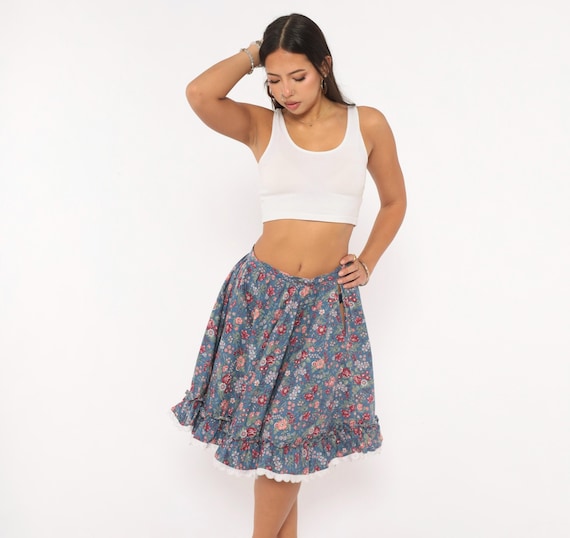 80s Floral Circle Skirt Blue Rose Print Cotton Ruffled Lace Trim Prairie Cottagecore Gathered Waist Garden Party Swing Dusty Pink Small S