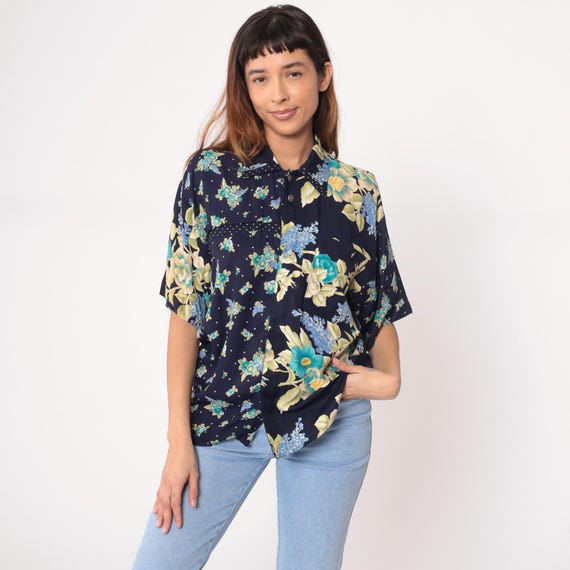 90s Floral Blouse Navy Blue Collared Vintage Top Turquoise Cream Yellow Flowers Dots Pattern Office Work Shirt Preppy Style Large L