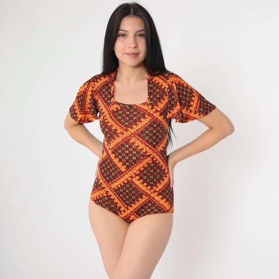 70s Bodysuit Top Floral Blouse Boho Flutter Sleeve Orange Checkered Danskin Leotard Square Neck Shirt 1970s Hippie Bohemian Vintage Small