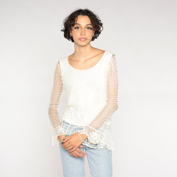 White Crochet Shirt Y2K Boho Blouse Long Sheer Sl… - image 4