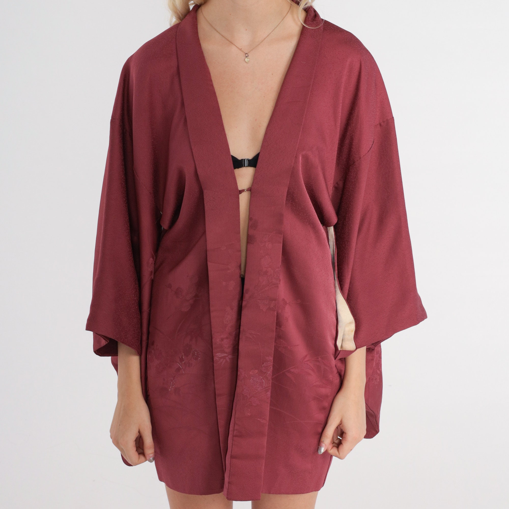 Berry Silk Kimono Robe 70s Floral Embossed Jacket Open Front Berry Silk Kimono Robe 70s Floral Embossed Jacket Open Front