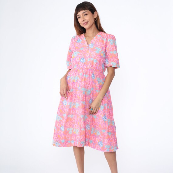 Floral Midi Dress 70s Bright Peach Pink Vintage Boho 1970s Casual High Waisted Bohemian Wrap V Neck Short Sleeve Hippie Large L