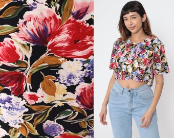 90s Floral Crop Top Black Watercolor Flower Print Cropped Shirt Vintage Button Up Blouse 1990s Short Sleeve Rayon Red Purple Medium