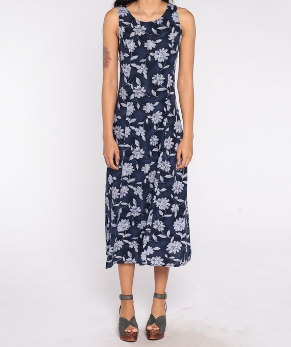 90s Floral Dress Navy Blue Flower Print Midi Dres… - image 6