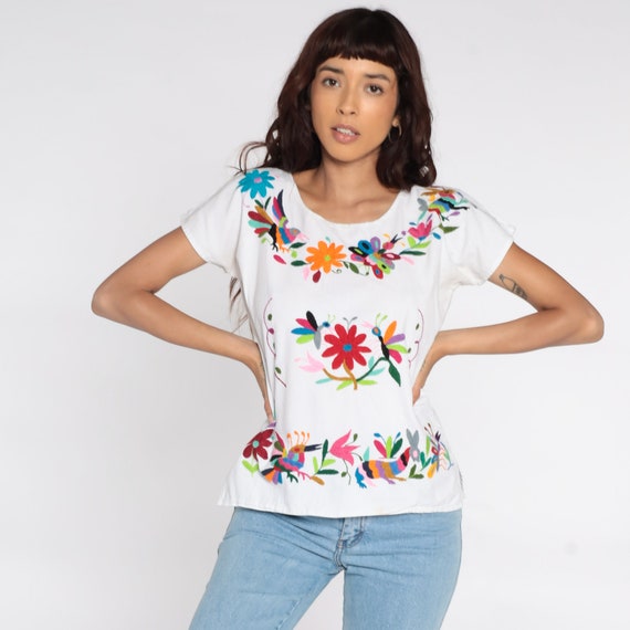 Mexican Top EMBROIDERED Blouse Butterfly BIRD Shirt Hippie Boho Shirt Cotton  Tunic Bohemian White Floral Vintage Ethnic Festival Retro Small -   Canada