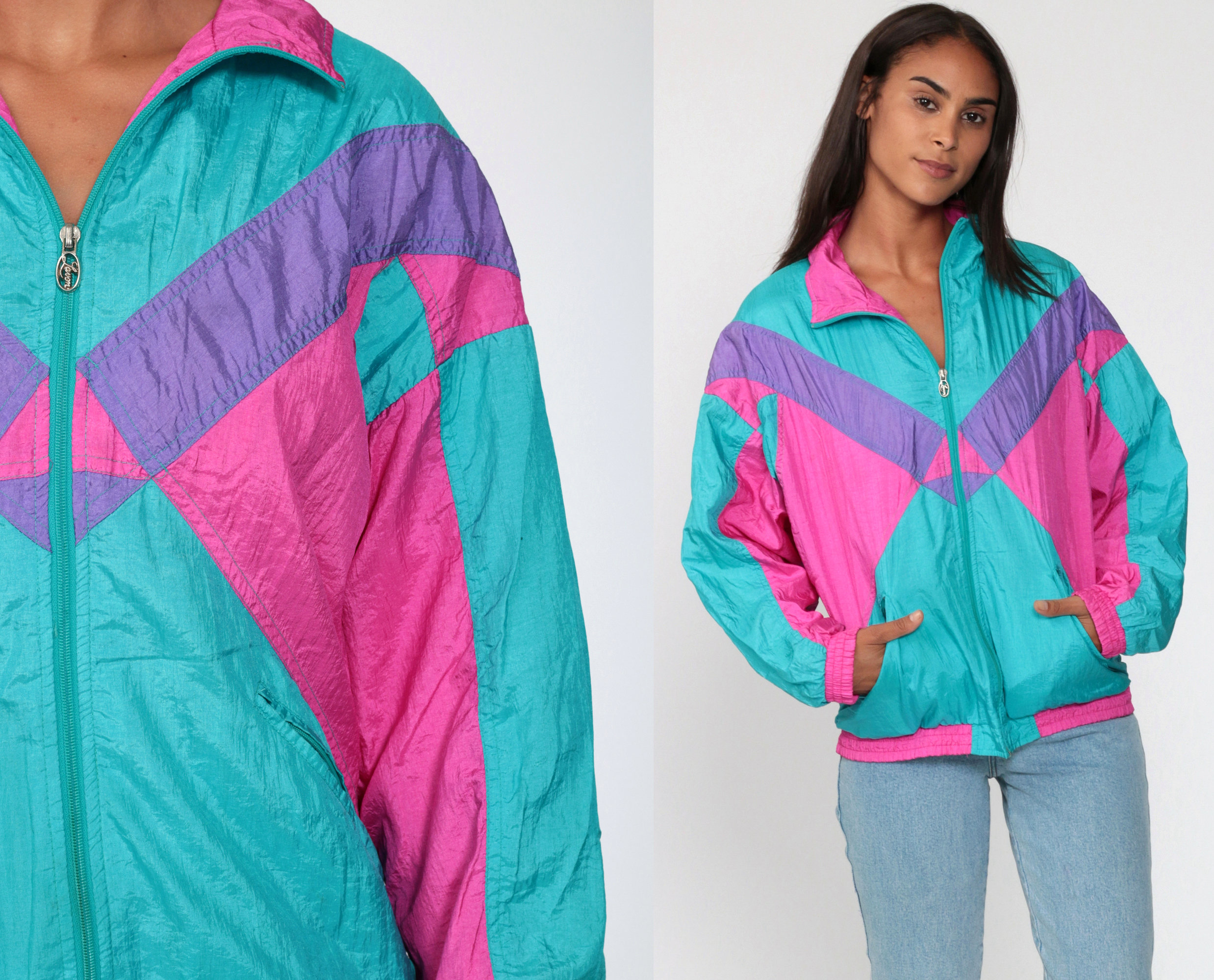 Color Block Windbreaker Jacket 80s 90s Black Purple Green Red