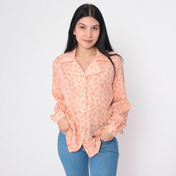 Paisley Blouse 70s Button up Shirt Long Sleeve Notched Collar Top Boho Groovy Print Collared Retro Secretary Disco Vintage 1970s Large L 14