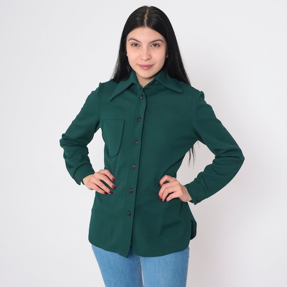 Forest Green Blouse 70s Button up Shirt Pointed Wing Collar Long Sleeve Collared Top Chest Pocket Preppy Basic Plain Vintage 1970s Medium M