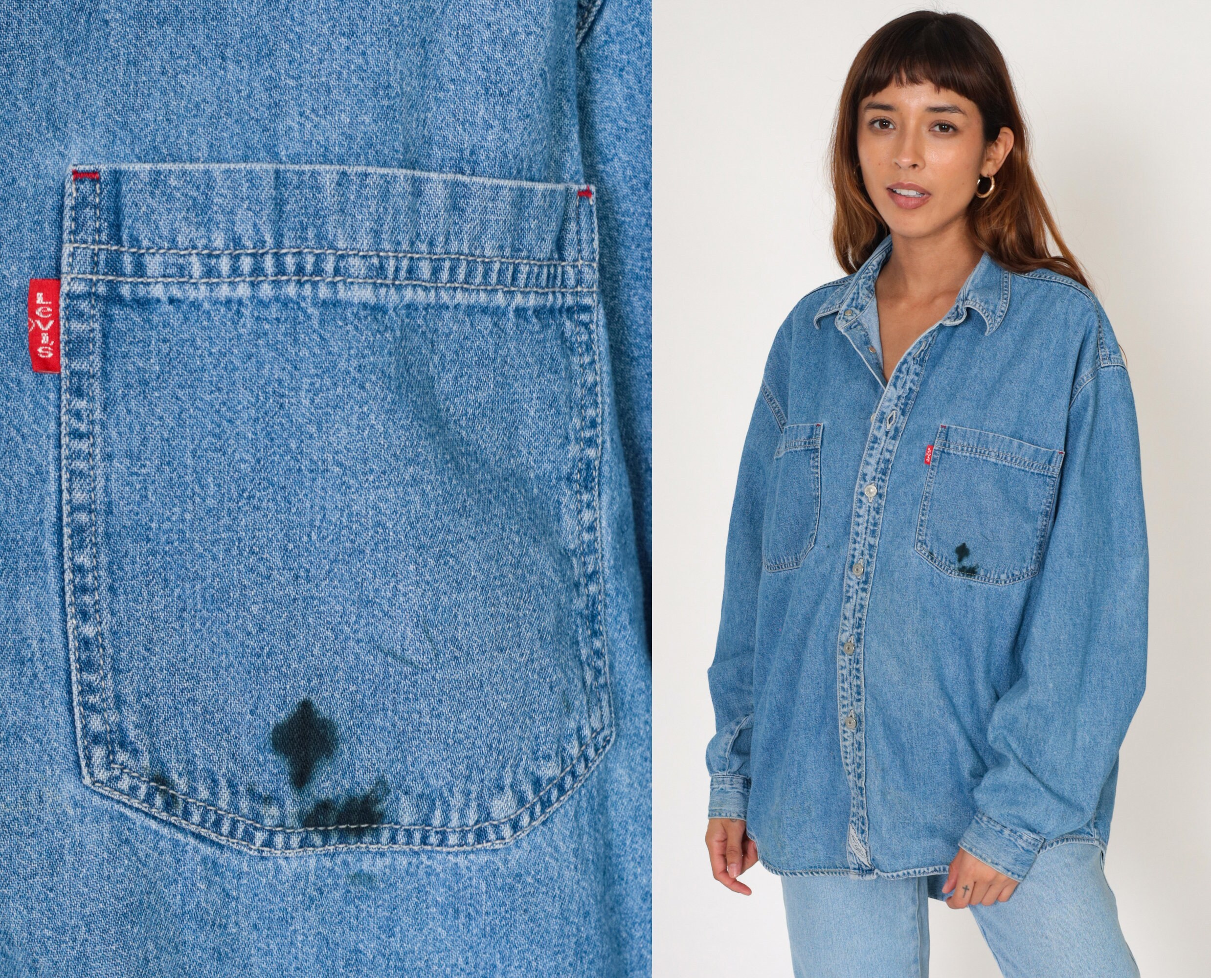 Levis Denim Shirt 90s Blue Jean Button up Shirt Long Sleeve Cotton