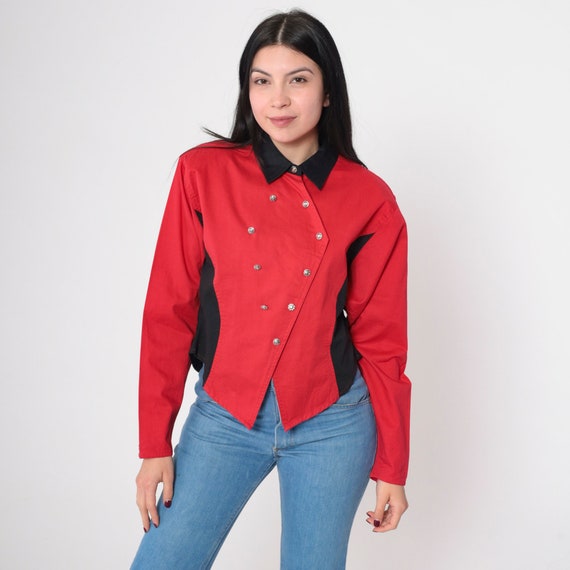 Y2K Wrangler Shirt Color Block Silver Lake Button-Up Shirt Red Black Western Blouse Vintage Double-Breasted Long Sleeve Large