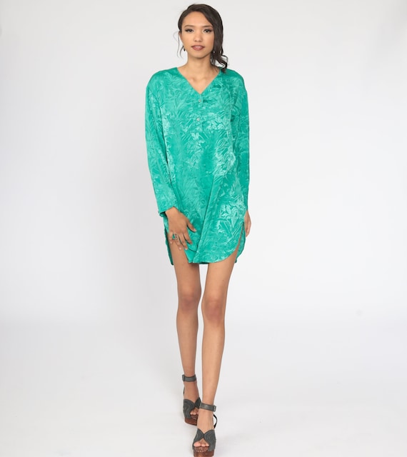 Embossed Floral Dress 90s Green Floral Mini Slip … - image 2