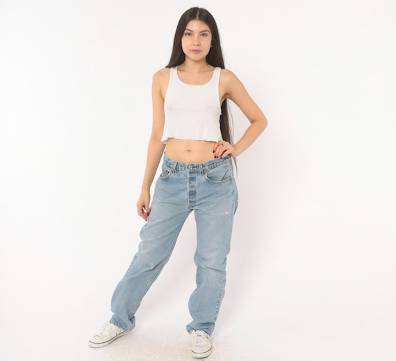 90s Levi's 501 Jeans Light Wash Denim Straight Leg Button Fly High Waist Cotton Boyfriend Fit Vintage Relaxed Grunge Style Pants Medium M