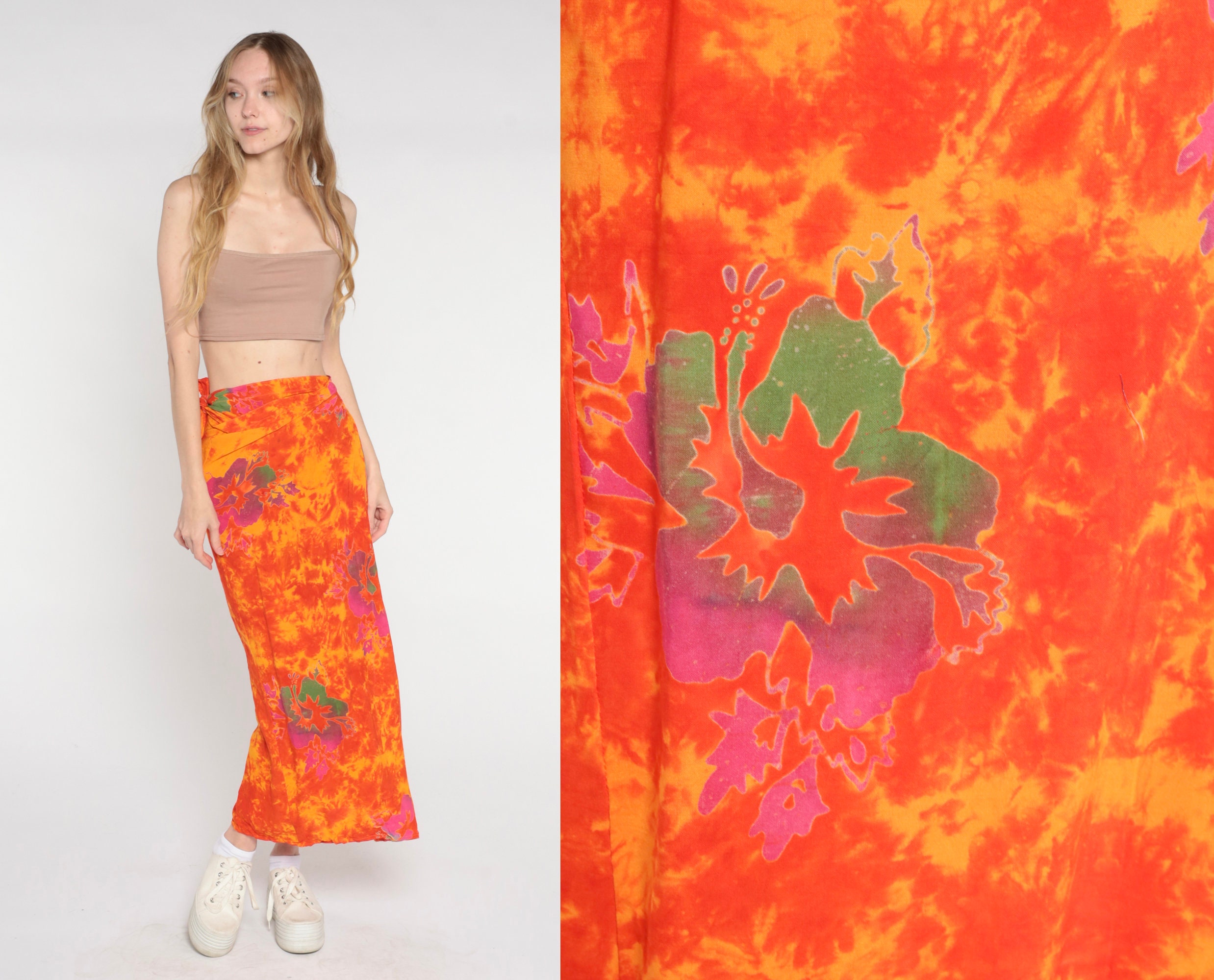 Hawaiian Wrap Skirt Y2k Orange Tropical Floral Tie Dye Maxi Skirt