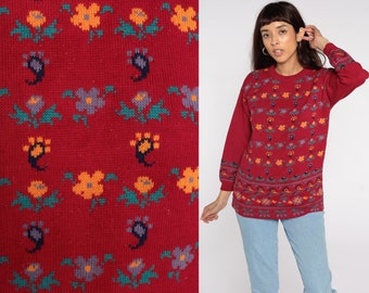 Paisley Floral Sweater 80s Red Sweater Graphic Print Knit Slouchy 1980s Pullover Vintage Hipster Jumper Small