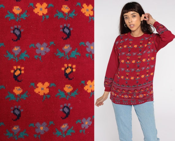 Paisley Floral Sweater 80s Red Sweater Graphic Pr… - image 1