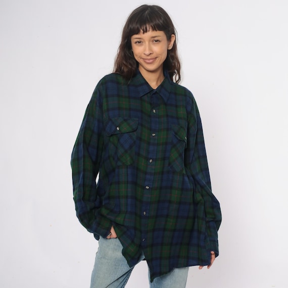 90s Plaid Flannel Shirt Green Blue Black Grunge Chest Pockets Long Sleeve Vintage Plus Size Northwest Territory Extra Extra Large XXL