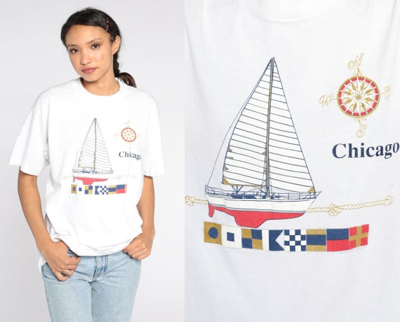 Chicago Shirt Graphic Sailboat TShirt Vintage Nautical Illinois T Shirt Graphic Print 90s Travel Blue Tee Souvenir Retro 1990s Medium Large
