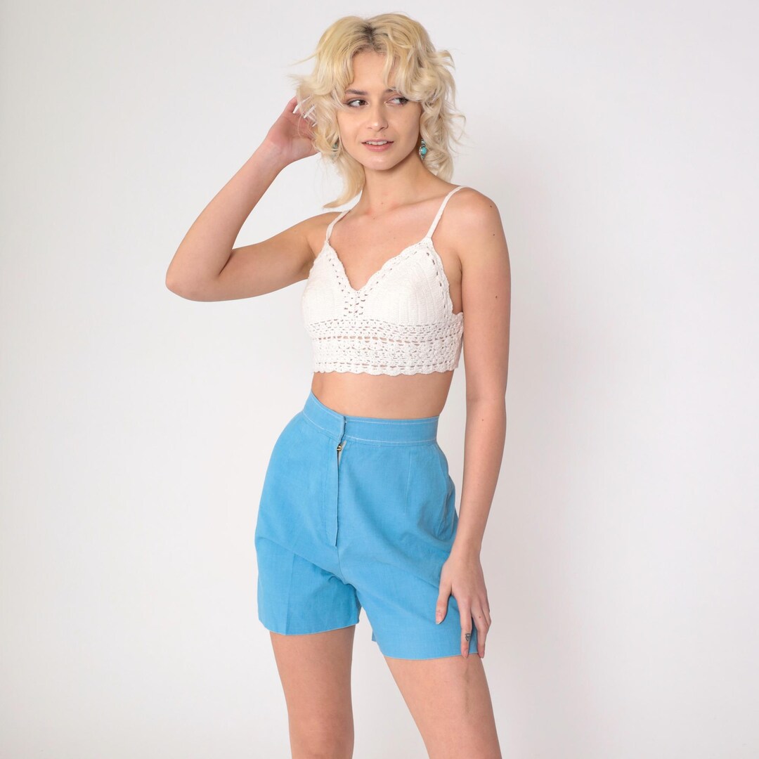 70s Shorts Blue High Waisted Shorts Retro Trouser Shorts Plain