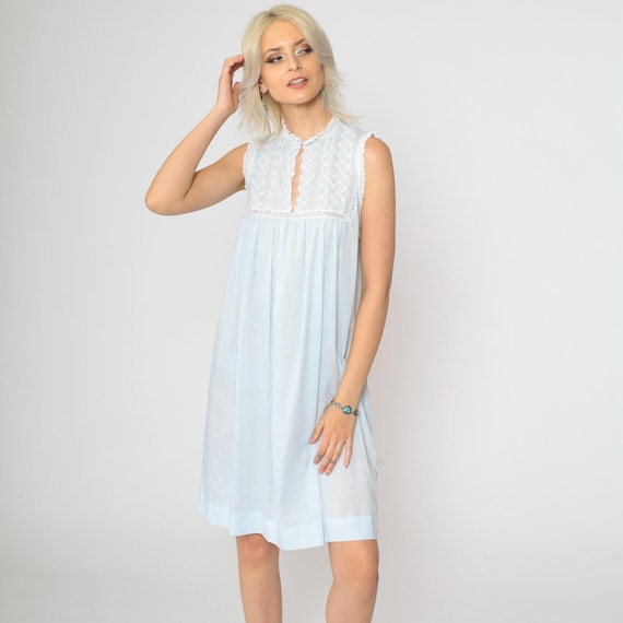 Vintage Christian Dior Nightgown 80s Baby Blue Lingerie Slip Dress Floral Embroidered Mini Nightie Pastel Lace 1980s Sleeveless Small