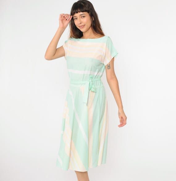 Vintage Pastel Striped Dress 80s Midi Day Dress Short Dolman Sleeve High Waisted Green Peach White Retro 1980s Medium Large